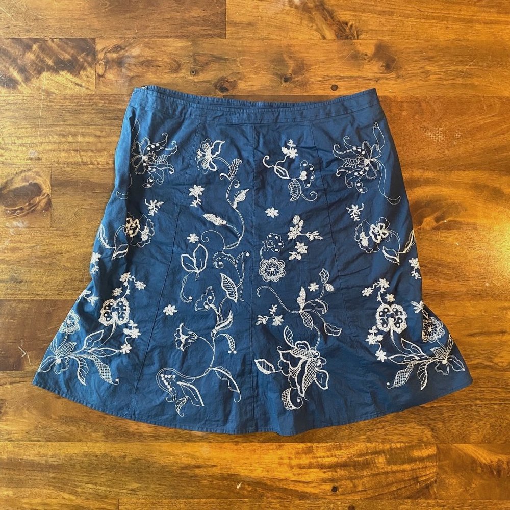 Dark Blue Embroidered Flared Skirt